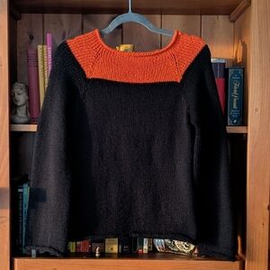 Hand Knit Black and Orange Wool Sweater